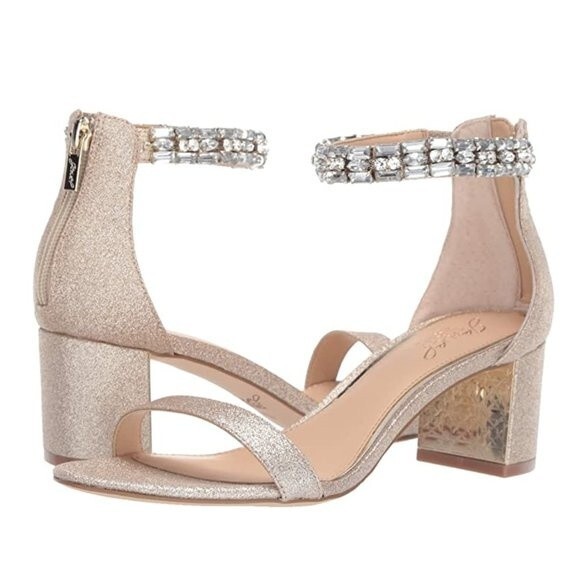 Jewel‎ Badgley Mischka Size 9.5 Gold Glitter Jeweled Dress Sandals Heels Shoes